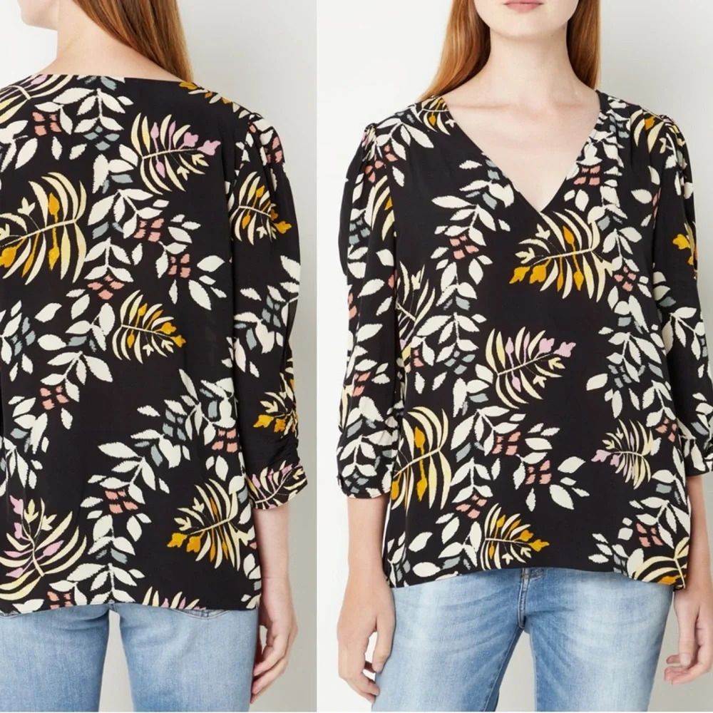 Ba&sh Black Leaf Pattern Sheer Blouse “Lady Top” Size S Puff Sleeves Feminine